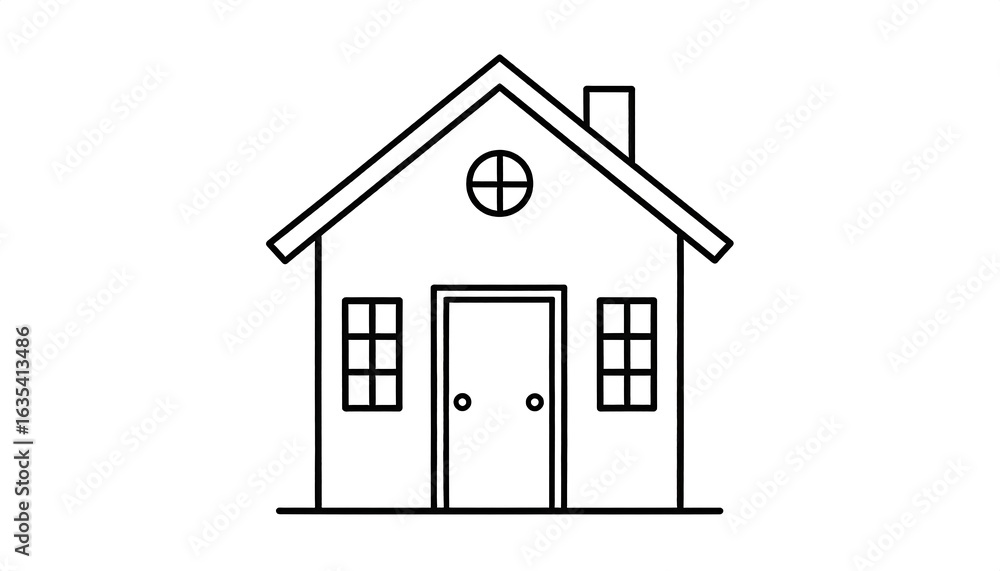 Simple line drawing of a small house with a single door, windows, and a chimney Simple line drawing of a small house with a single door, windows, and a chimney