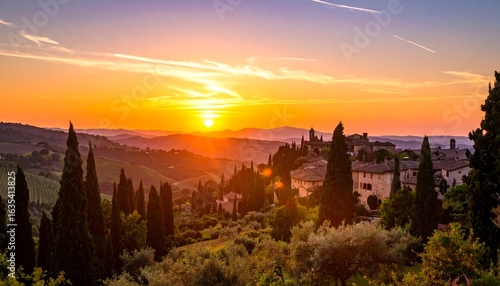 Picturesque Tuscan sunset over hills