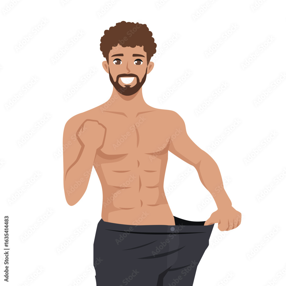 Fototapeta premium Happy Man Showing Weight Loss Progress. Flat Vector character illustration