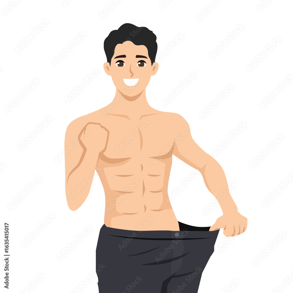 Fototapeta premium Fit Man Celebrating Weight Loss Success. Flat Vector character illustration