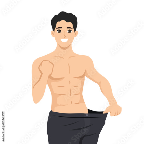 Fit Man Celebrating Weight Loss Success. Flat Vector character illustration