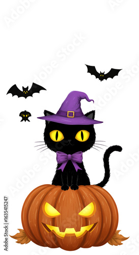Cute Black Cat Witch on Pumpkin with Bats Illustration on Transparent Background