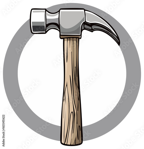 Hammer illustration. Carpenter tool with wooden handle and metal head, isolated on a white backdrop