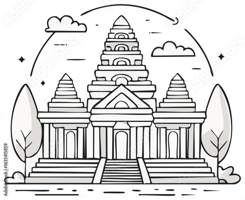 Asian Temple Complex Hand Drawn Style Illustration with trees clouds