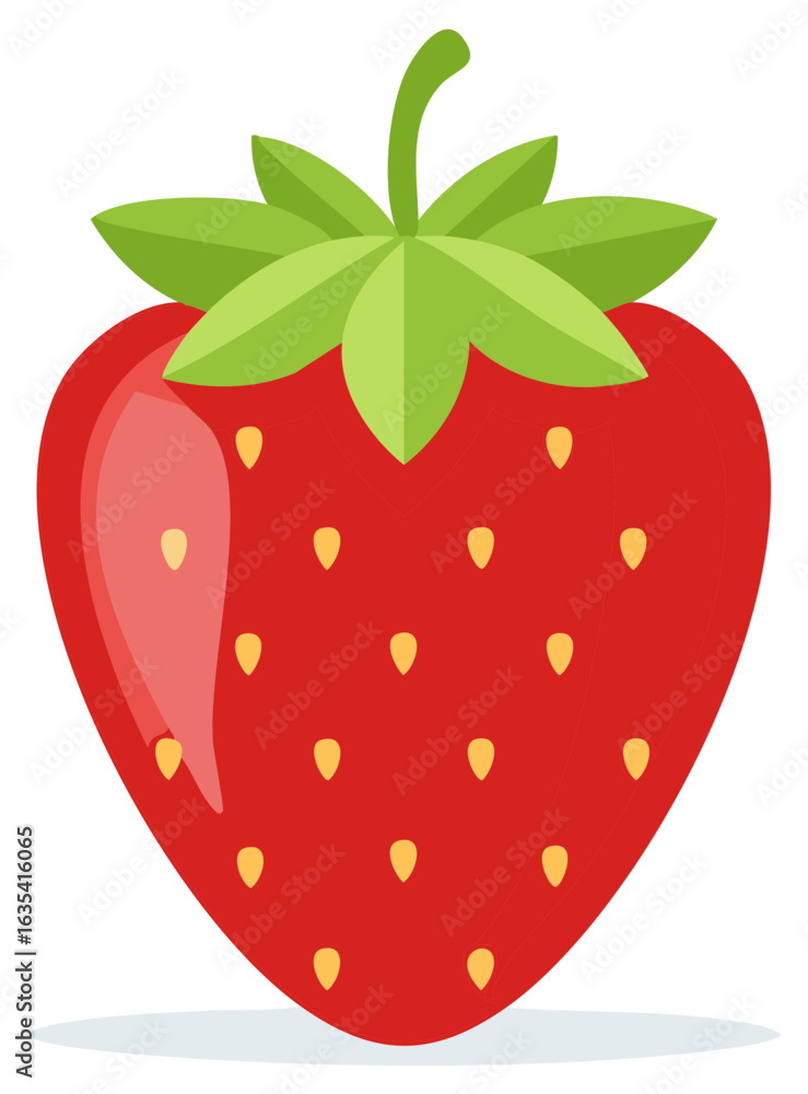 Fototapeta premium Ripe Red Strawberry with Green Leaves and Seeds Illustration