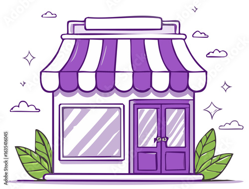 Charming Purple Storefront with Awning and Greenery