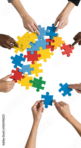 Hands assembling colorful puzzle pieces on black background teamwork photo
