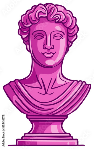 Vibrant Pink Ancient Greek Sculpture Bust with Wavy Hair and Draped Toga