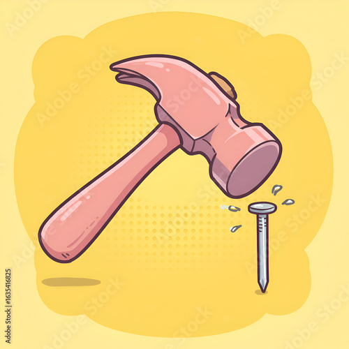 Illustration of a Pink Hammer Hitting a Silver Nail Against Yellow Background