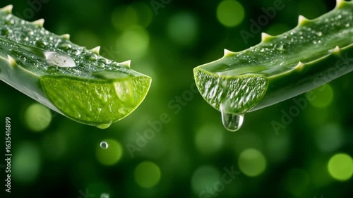 Fresh Aloe Vera leaves with drops of healing gel with green background Natural remedy.