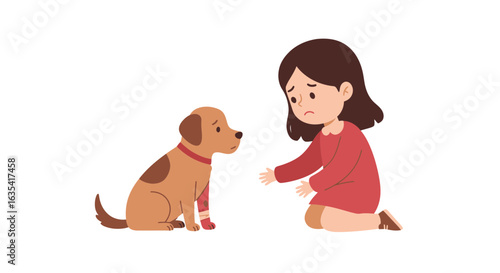 A compassionate young girl showing empathy and care for her injured puppy with a bandaged paw, a concept of childhood friendship.