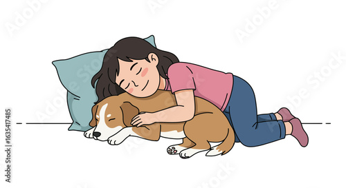 A young girl sleeping peacefully while hugging her cute puppy dog. An illustration of comfortable friendship and love.