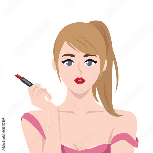 Young woman in a pink dress, confidently applying bold red lipstick, showcasing beauty. Flat Vector character illustration