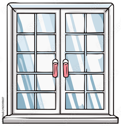 Cartoon style double window illustration with pink handles and glass panes.