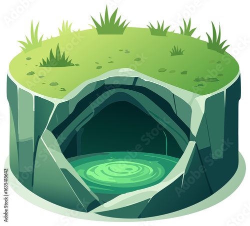 Stylized isometric view of a cave entrance with a glowing green pool surrounded by grassy terrain and rock formations