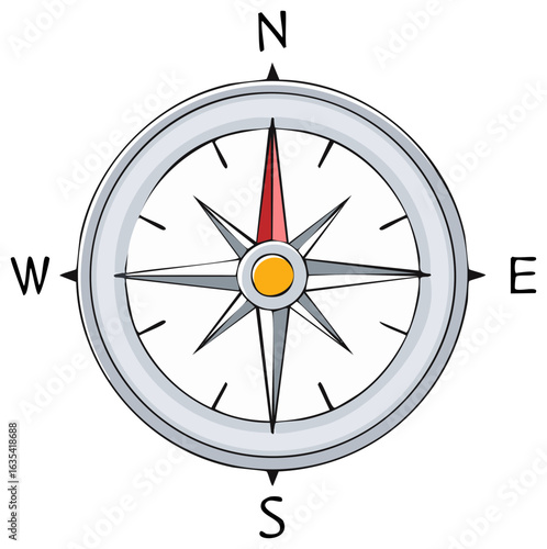 Compass Cartoon Style: Navigation Tool, North, South, East, West, Directional Aid