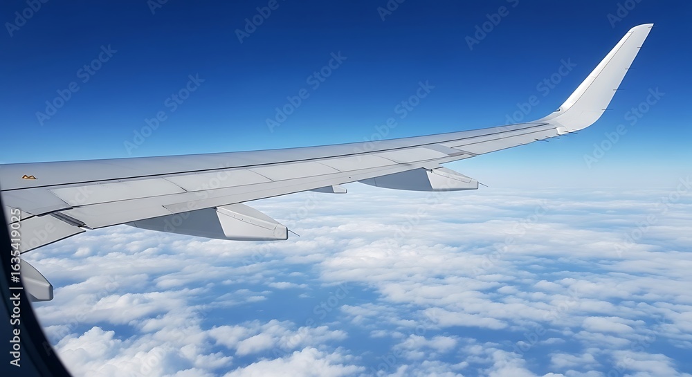 Obraz premium Airplane wing in flight over white clouds and blue sky on a sunny day