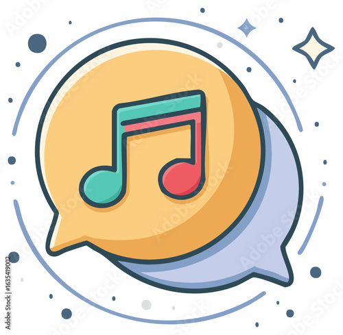 Playful cartoon icon of a music note in a chat bubble for audio sharing and podcasts