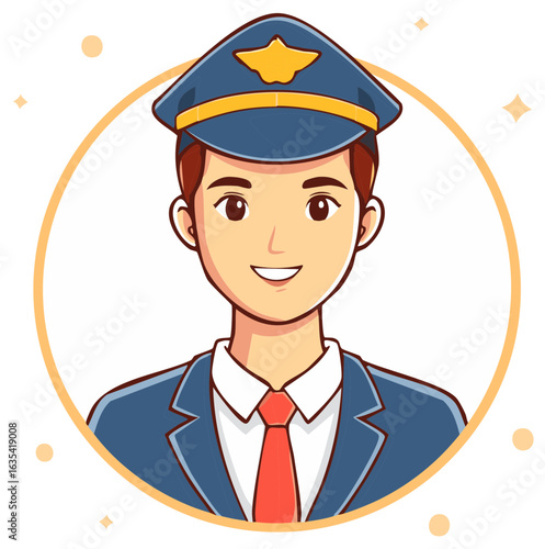 Smiling Man in Pilot Uniform and Cap with Aviation Emblem