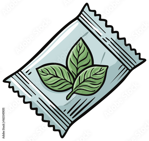 Cartoon style illustration of a generic sealed sachet package with fresh green leaves