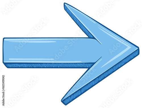 Hand drawn cartoon style three dimensional blue arrow pointing right