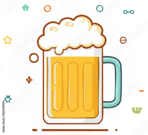 Cartoon-Style Beer Mug Illustration with Festive Confetti on a White Background