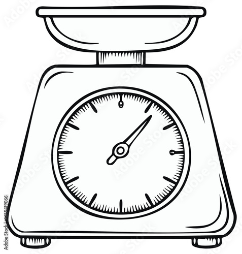 Outline drawing of a kitchen scale with a dish, scale measures weight in cooking, kitchen decor