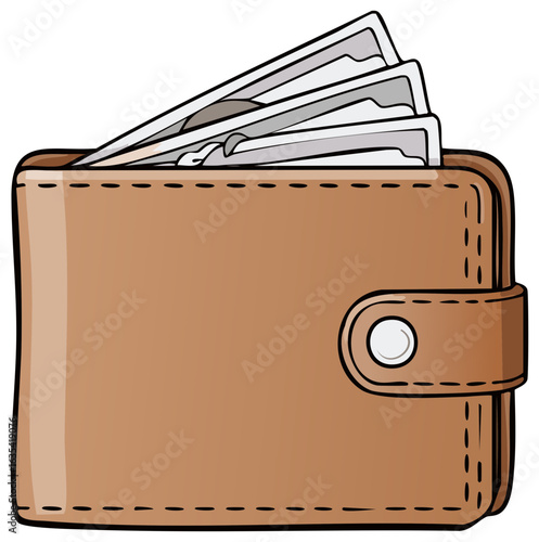 Brown Leather Wallet With Fanned Currency and Snap Closure