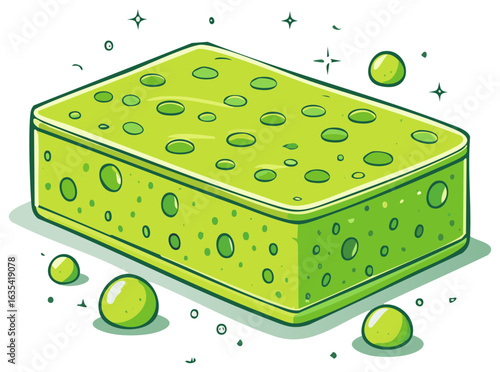 Green Scrub Sponge with Pores and Bubbles Illustration Cartoon Style