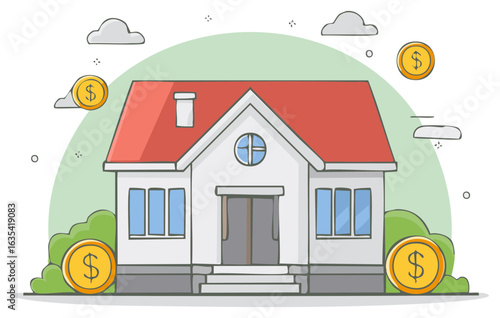 Real estate investment concept with cartoon house and gold dollar coins for home financing