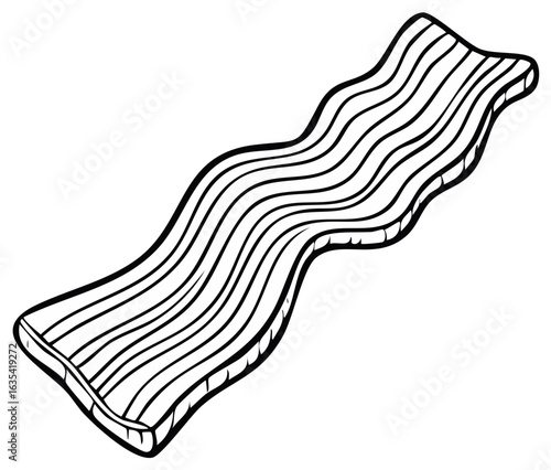 Stylized black and white drawing of a wavy bacon strip with striped texture