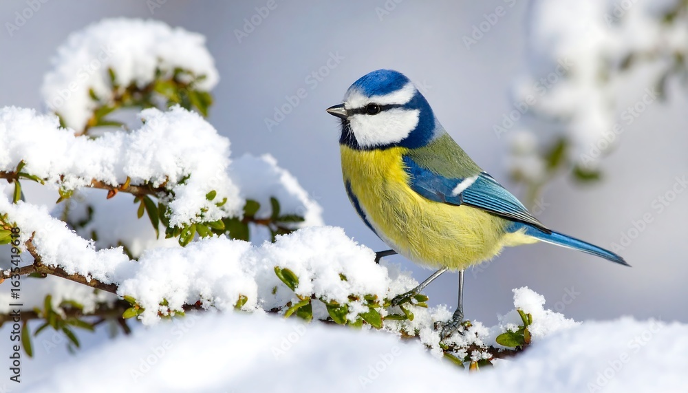 Fototapeta premium Winter bird perched on snowy branch
