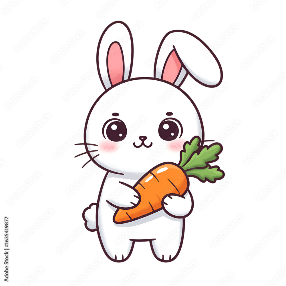 Obraz premium Cute White Cartoon Bunny Holding Carrot Illustration Isolated