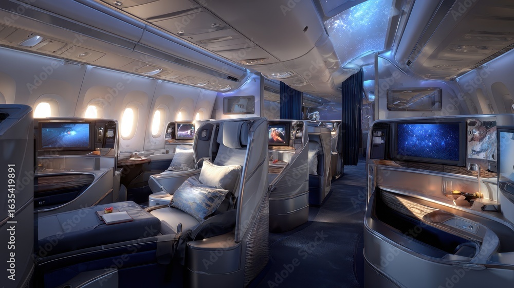 Obraz premium Luxurious Airplane Cabin Interior Night Flight