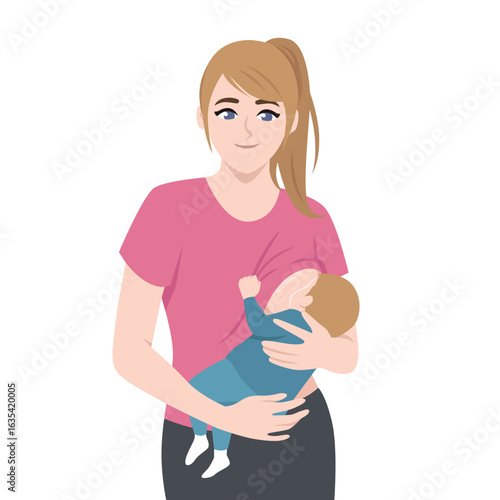 Caring mother is breastfeeding her baby while standing, Nurturing moment between mother and child. Flat Vector character illustration
