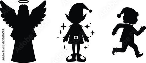 Christmas angel silhouette, festive elf back view, santa hat running child, holiday season vector, winter celebration art, 