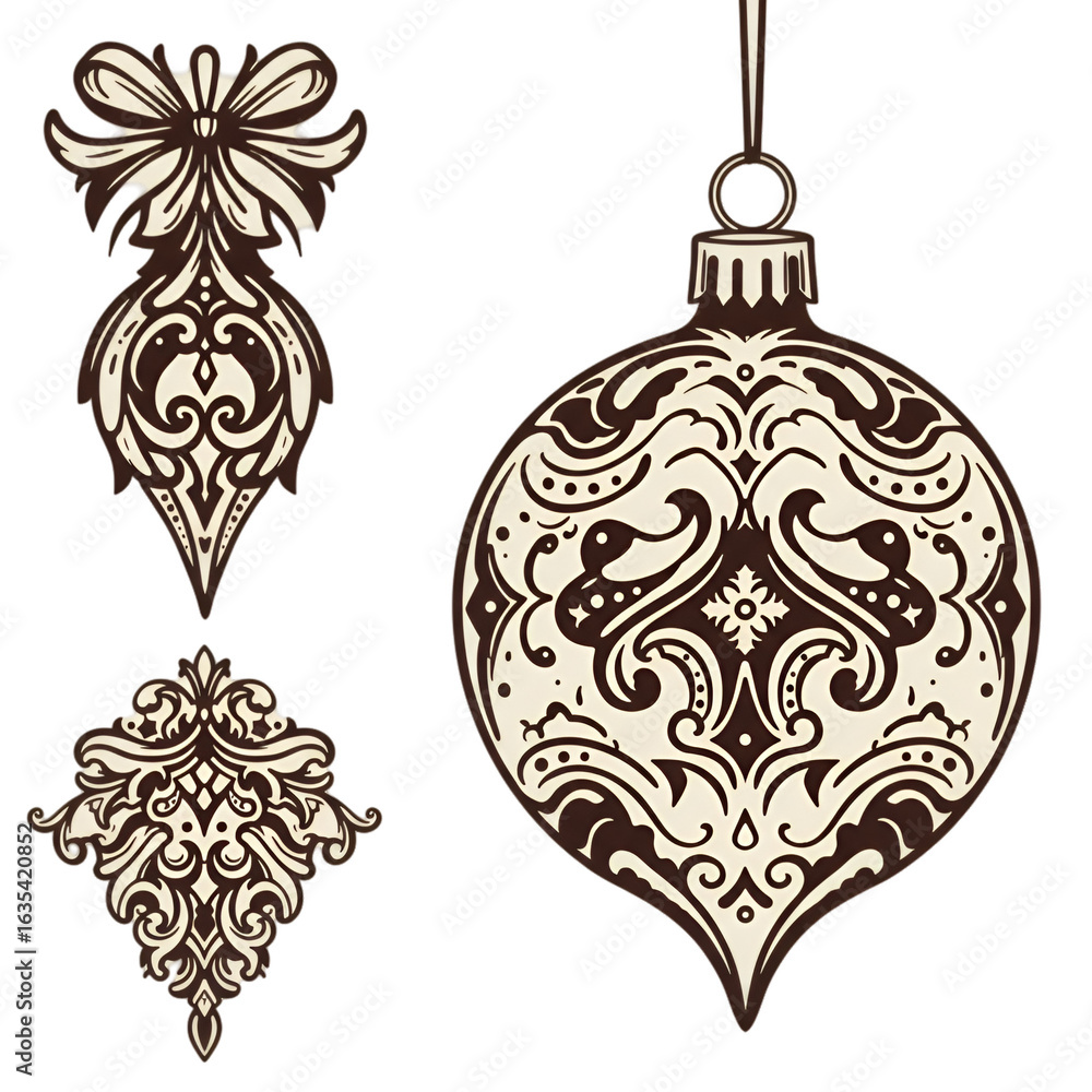 Fototapeta premium Decorative Christmas Ornaments Illustration With Brown And White Colors on Transparent Background