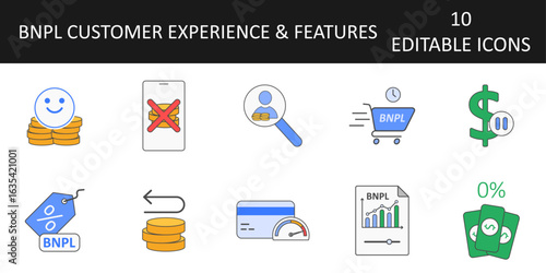 BNPL customer experience icon set — 10 vector symbols for buy now pay later features, including instant purchase, eligibility, limits, offers, refunds, and flexible plans for fintech use.