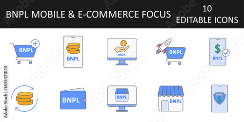 Mobile and e-commerce BNPL icon set — 10 vector symbols for buy now pay later in apps, online stores, wallets, and subscriptions for fintech and retail payment solutions.