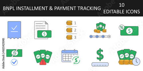 Installment and payment tracking icon set — 10 BNPL finance vector symbols including breakdown, progress, overdue alerts, rescheduling, and receipts for fintech and retail use.