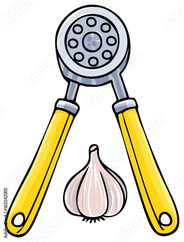 Cartoon Illustration of a Garlic Press with Garlic, Cooking Tool and Ingredient
