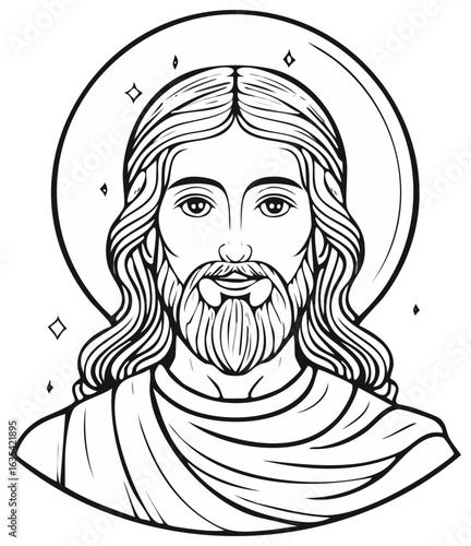 Religious icon illustration featuring a serene face, long hair, beard, and radiating halo. Symbolic spiritual art drawing.