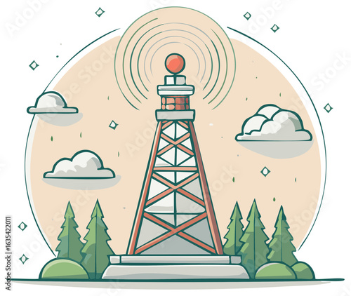 Illustration of a communications tower with signals emanating near trees and clouds in the sky with a circular background