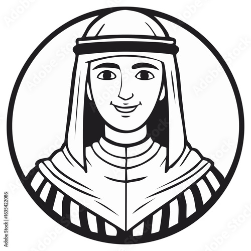 Smiling cartoon portrait of a person wearing traditional Middle Eastern head covering within a circular frame