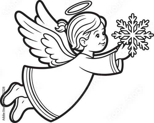 Cute angel holding a snowflake isolated silhouette line art illustration stock photos royalty free image premium quality