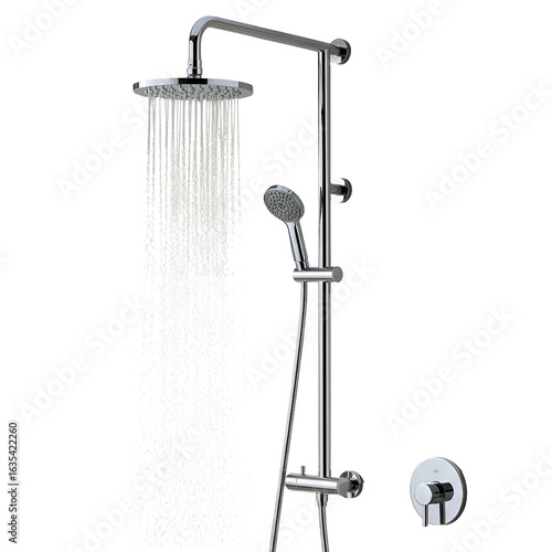 Illustration of a Chrome Shower Fixture with Flowing Water on Transparent Background