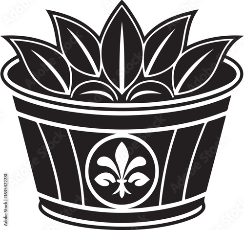 Fleur-de-lis emblem on a planter with leaves