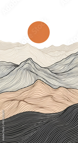 Illustration Of A Mountain Sunset Scene With Orange Sun And Black Sky