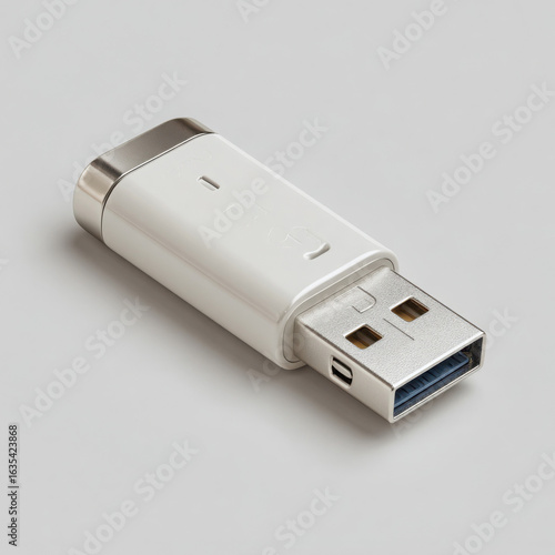 White usb flash drive with metal connector gray surface