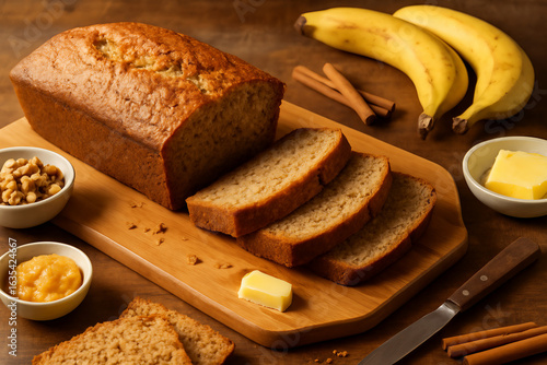 Freshly Baked Homemade Banana Bread on Wooden Table with Ingredients